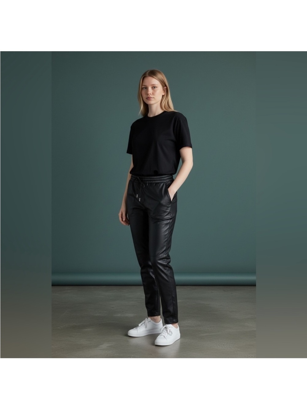 Candace Cameron Bure Women’s Black Faux Leather Fashionable Jogger Pants